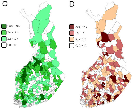 C) V�xthusgasutsl�pp fr�n lantbruket efter kommun �r 2010 (1000 t CO2-ekv.), D) V�xthusgasutsl�pp fr�n avfallssektorn efter kommun �r 2010 (1000 t CO2-ekv.)