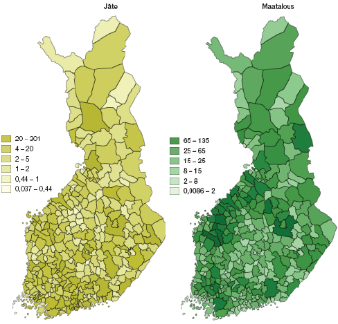 Maatalouden ja j�tesektorin kasvihuonekaasup��st�t Suomessa kunnittain vuonna 2017 (1000 t CO2-ekv.).