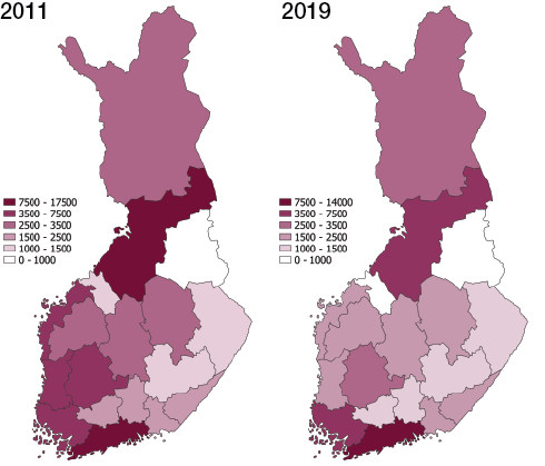 Kasvihuonekaasuinventaarion kokonaisp��st�t maakunnittain vuosina 2011 ja 2019 (1000 t CO2 ekv)