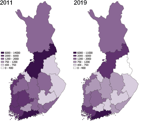 Energiaper�iset (ilman liikennett�) sek� teollisuusprosessien ja tuotteiden k�yt�n kasvihuonekaasup��st�t maakunnittain vuosina 2011 ja 2019 (1000 t CO2-ekv.)