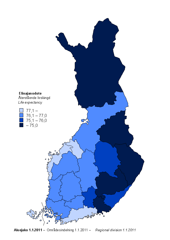 Liitekuvio 2a. Miesten elinajanodote maakunnittain 2008&ndash;2010