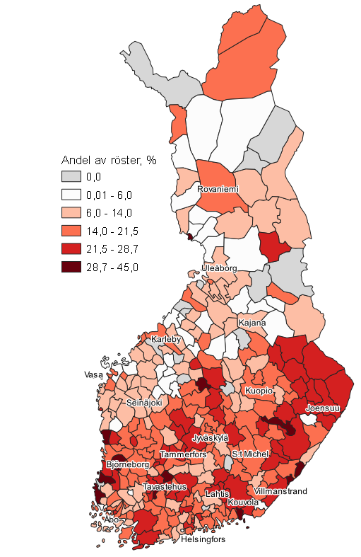 Figurbilaga 4. Karta: SDP:s v�ljarst�d kommunvis i kommunalvalet 2021, hela landet 