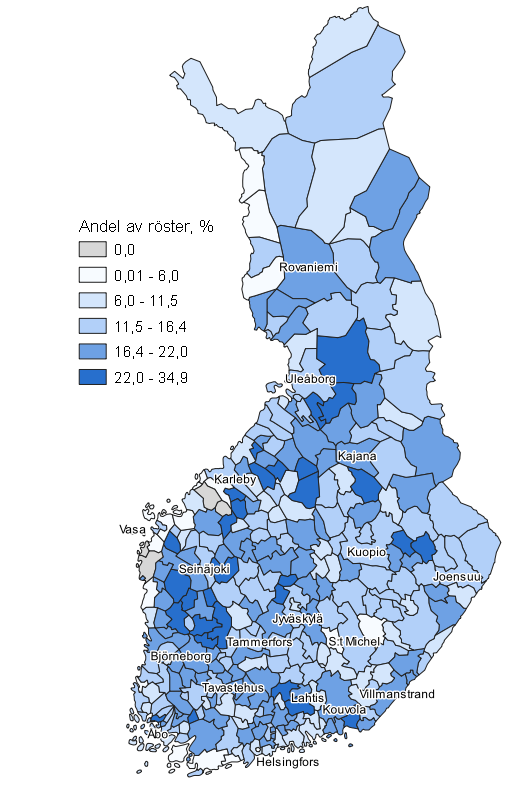 Figurbilaga 6. Karta: Sannfinl�ndarnas v�ljarst�d kommunvis i kommunalvalet 2021, hela landet 