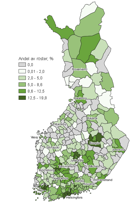 Figurbilaga 7. Karta: De Gr�nas v�ljarst�d kommunvis i kommunalvalet 2021, hela landet 