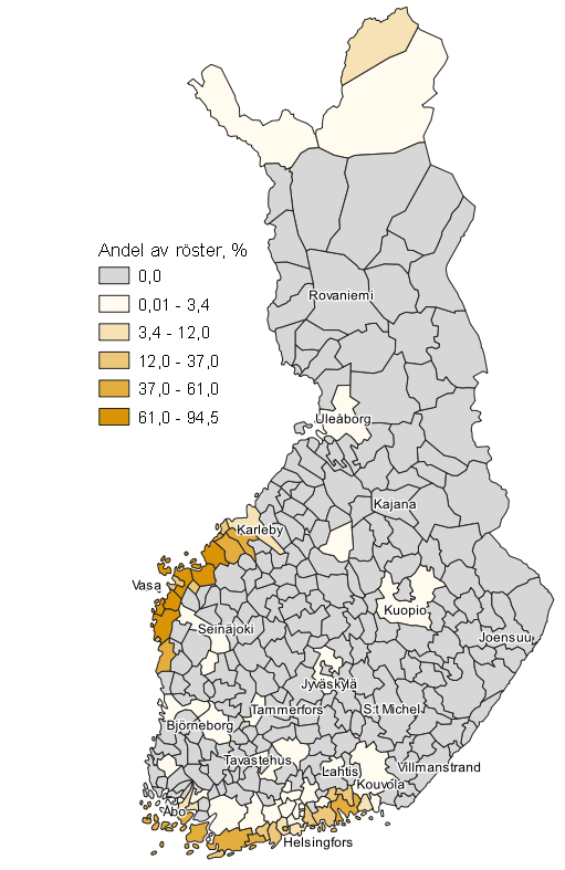 Figurbilaga 9. Karta: SFP:s v�ljarst�d kommunvis i kommunalvalet 2021, hela landet 