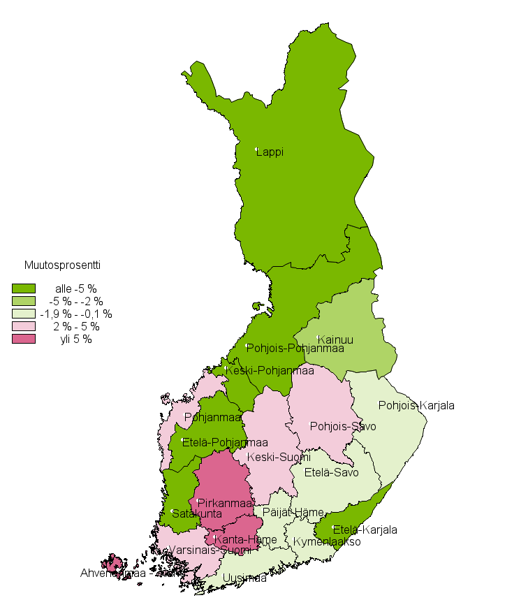Liitekuvio 3. Rikosten m��r�n muutosprosentti maakunnittain 2014&ndash;2015 (kartta)