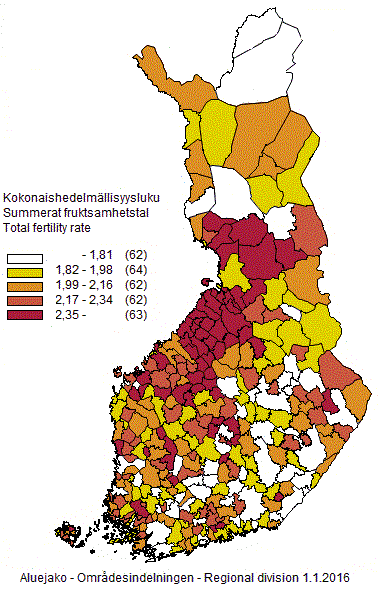 Liitekuvio 4. Kokonaishedelmällisyysluku kunnittain vuosilta 2011–2015