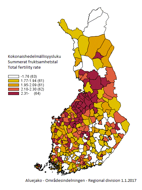 Appendix figure 4. Total fertility rate by municipality for the years 2012&ndash;2016