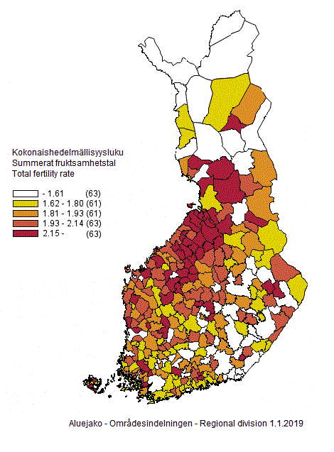 Appendix figure 3. Total fertility rate by municipality for the years 2014&ndash;2018
