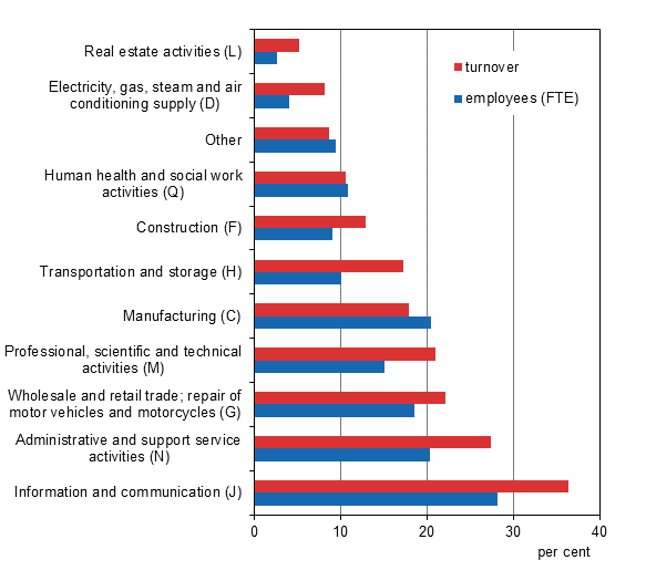Appendix figure 2. Foreign affiliates&rsquo; share of overall entrepreneurial activity in Finland by industry in 2013