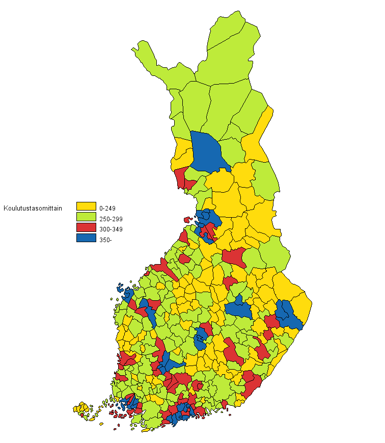 Liitekuvio 5. 20 vuotta t�ytt�neen v�est�n koulutustaso kunnittain 2011 (kartta)