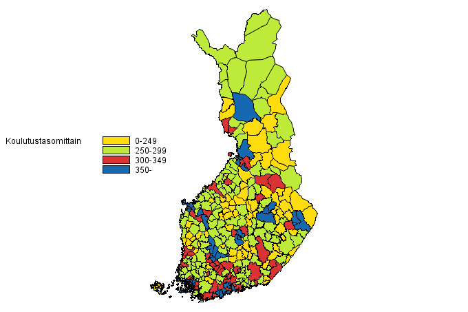 Liitekuvio 4. 20 vuotta täyttäneen väestön koulutustaso kunnittain 2012 (kartta)